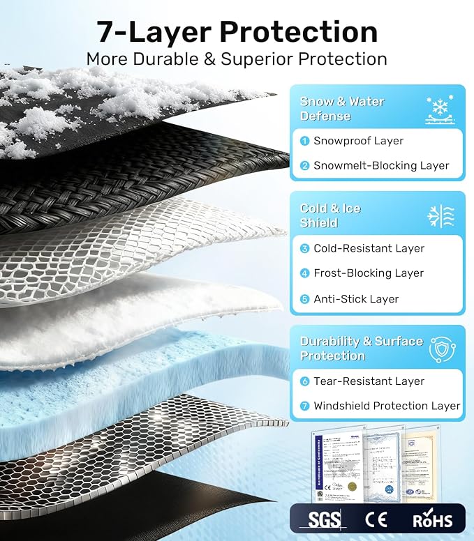 Windshield Cover for Ice and Snow [3-Second Snow Removal & 7-Layer Full Coverage] 6-Point Snowproof Fixation & Reflective Mirror Covers, Fits Pickup Trucks and Vans XXL (82'' x 44'')