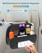 Hanging Car Backseat Organizer, 5-in-1 Premium Leather Headrest Seat Back Storage with Cup Holder, Foldable Hanging Car Tissue Holder 2 Pack