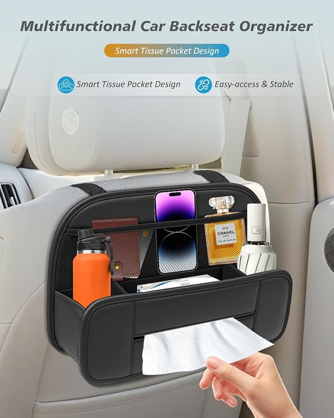 Hanging Car Backseat Organizer, 5-in-1 Premium Leather Headrest Seat Back Storage with Cup Holder, Foldable Hanging Car Tissue Holder 2 Pack