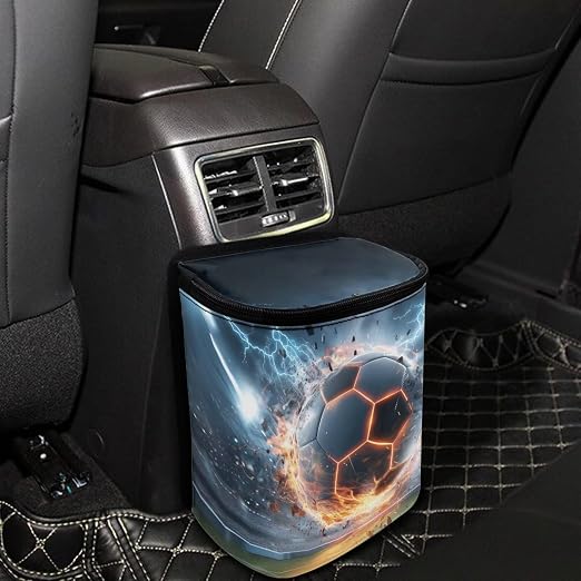 Soccer Ball Lightning Print Car Trash Can with Lid, Leak Proof Auto Trash Bag Hanging Vehicle Garbage Can Multipurpose Storage Container for Back Seat Road Trip