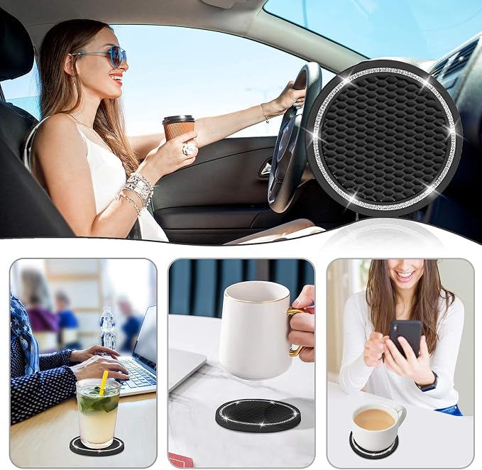 Car Coasters, 4 Pack Universal Vehicle Bling Car Coaster, Crystal Rhinestone Coaster for Cup Holders, Car Interior Accessories 2.75'' Silicone Anti Slip Car Coasters for Women (Black)