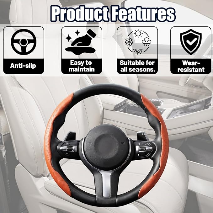 2PCS/Set Car Steering Wheel Cover, Leather Segmented Anti-Slip Automotive Wheel Protector, Soft Breathable Vehicle Steering Protection Covers, Universal Interior Accessories (Orange)