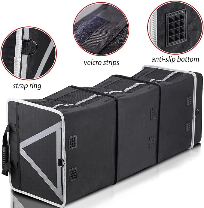 Car Trunk Organizer for SUV, 25Gal Large Capacity No-Sag Heavy Duty, Foldable Waterproof Anti-Slip Storage with 12 Pockets, Fit Sedan,Truck,Universal Car Accessories, Black, 3 Compart, Large