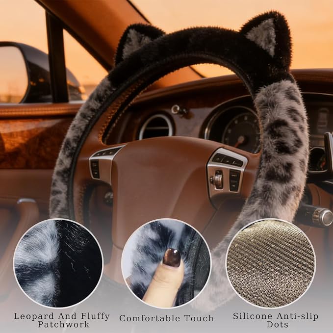 Leopard Fluffy Car Steering Wheel Cover with Keychain 14-15 inch Gray Black | Cute Steering Wheel Covers with Ears Keychain Universal Elastic Steering Wheel Protector Accessories for Women Girls