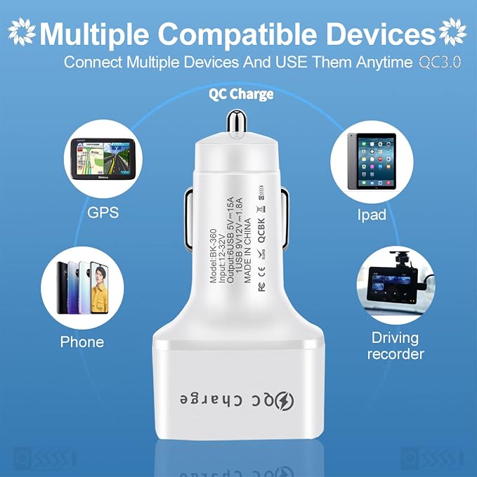 Car Charger Adapter, 6 USB Multi Port, Fast Charger, Include QC 3.0 and 5 Other Ports, Car Interior Accessories, Fit for iPhone 17/16/15/14/13Pro Max, Samsung, Android (White 1pc)