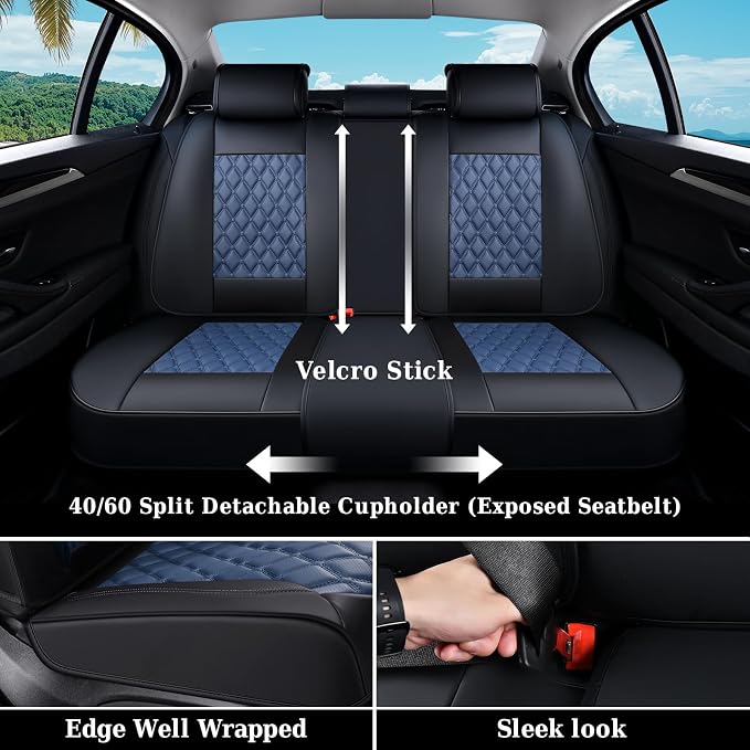 Coverado Universal Car Seat Covers Full Set, Sporty Non-Slip Waterproof Faux Leather Front & Rear Seat Protectors for Trucks SUVs, Mens Automotive Interior – BlackBlue