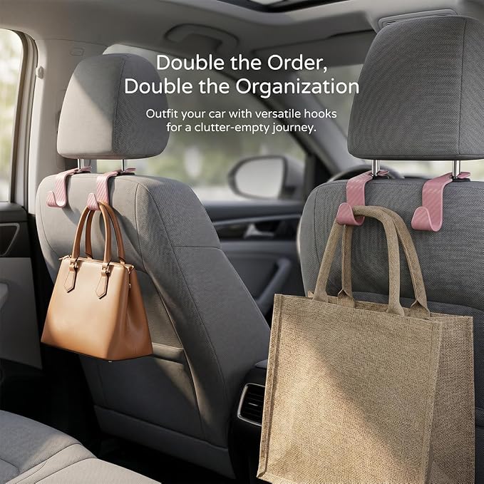 4PCS Car Seat Headrest Hooks, Auto Back Seat Hanger Holder, Durable Stylish Vehicle Organizer Universal Car Interior Accessories, Storage Hooks for Purses, Bags, Clothes (Carbon Fiber/Pink)