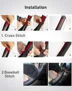 Leather Steering Wheel Cover Lace Up, Stitch on Steering Wheel Wrap, Universal Fit 13-20 Inch Car Truck Pickup Boat, A Whole Piece of Cowhide, DIY w/Needle Thread (Size XXL6, Black & Red)
