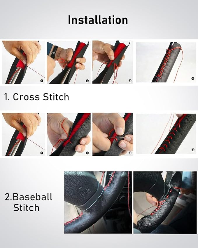Leather Steering Wheel Cover Lace Up, Stitch on Steering Wheel Wrap, Universal Fit 13-20 Inch Car Truck Pickup Boat, A Whole Piece of Cowhide, DIY w/Needle Thread (Size XL4, Black)