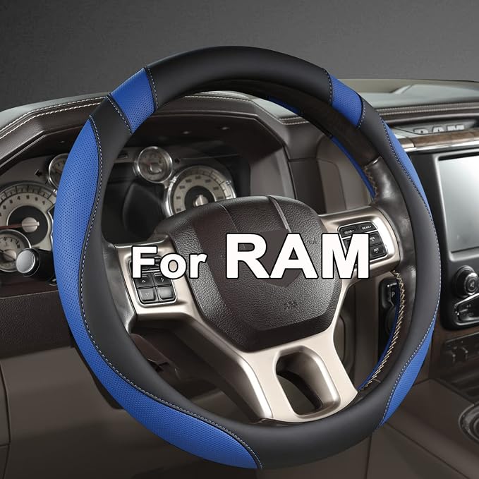 Customized Auto Car Steering Wheel Cover for Dodge RAM 1500 2500 3500, 15.5-16 inch (Black+Blue-Large Size)