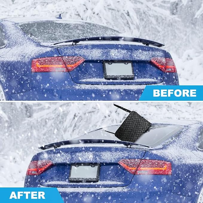 Car Rear Windshield Snow Ice Cover, Windproof Rear Windscreen Snow Cover with 2 Elastic Hooks, 4 Magnets, All-Weather Waterproof Winter Ice Frost Snow Protector for Most Sedans Cars