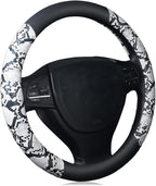 Snake Skin Steering Wheel Cover, Universal 14.5-15 inch Breathable Microfiber Leather Anti-Slip Car Steering Wheel Protector for Women Men, Black&White
