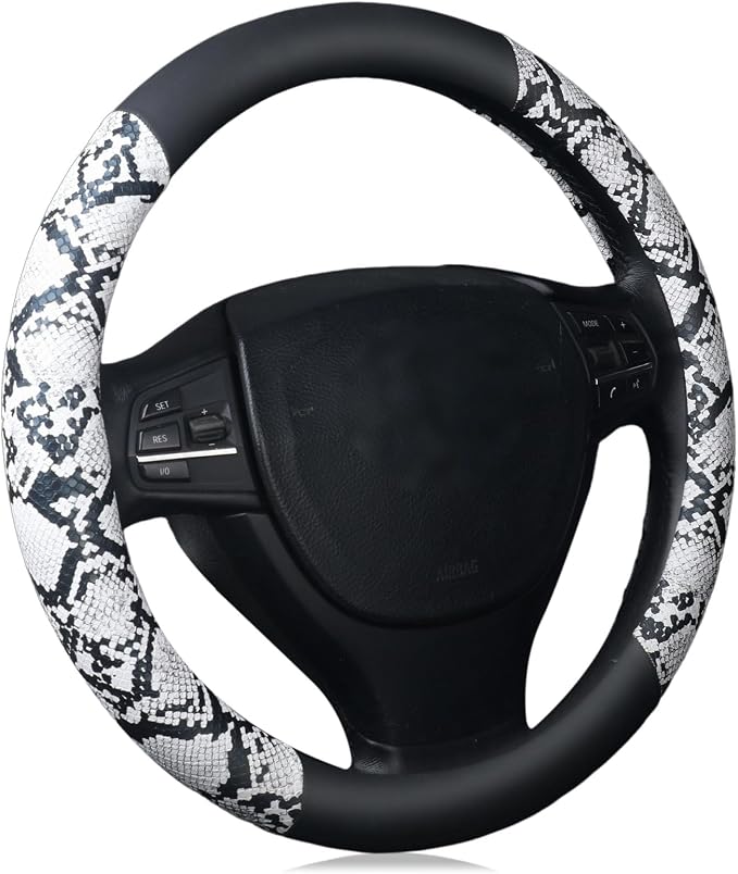 Snake Skin Steering Wheel Cover, Universal 14.5-15 inch Breathable Microfiber Leather Anti-Slip Car Steering Wheel Protector for Women Men, Black&White