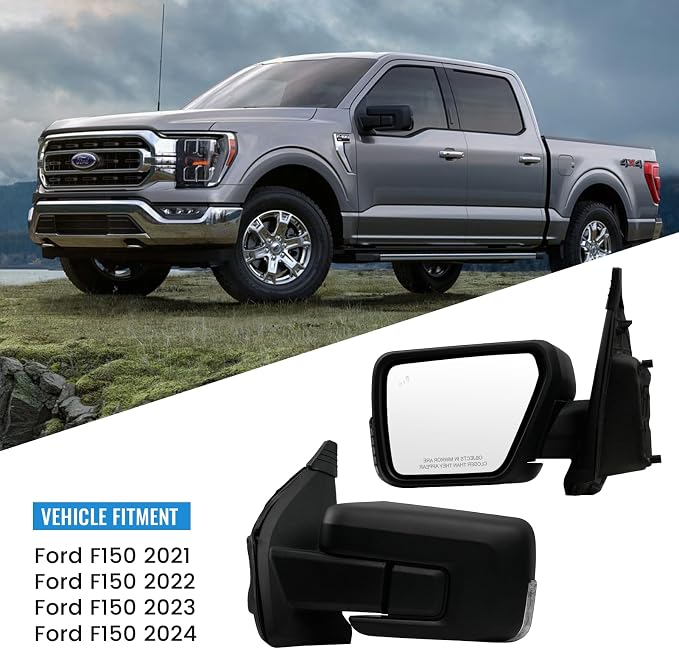 Pair Side Mirrors for Ford F150 2021 2022 2023 2024, Passenger and Driver Heated Mirror Assembly with Blind Spot Detection, Turn Signal Light and Puddle Light - OEM Style