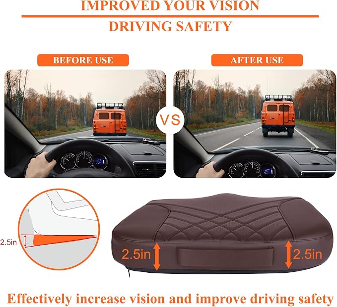 Premium Car Seat Cushion, Memory Foam Driver Seat Cushion to Improve Driving View- Coccyx & Lower Back Pain Relief - Seat Cushion for Car, Truck, Office Chair (Leather Brown)