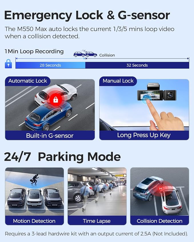 M550 Max 4K 3 Channel Dash Cam, Dual STARVIS 2 Sensors, 4K+2.5K+1080P Front and Rear Inside Triple Car Camera, Built-in WiFi GPS, 64GB Card Included, IR Night Vision, Ride Share Accessories