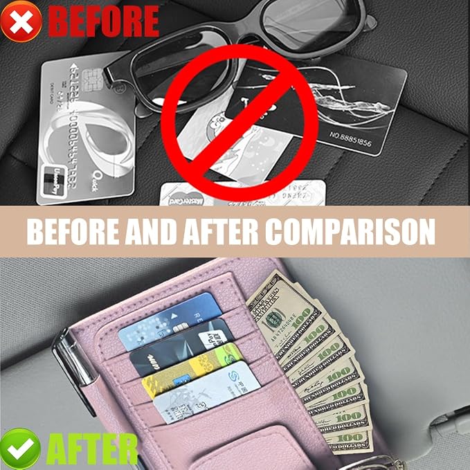 2 PCS Car Sun Visor Organizer, Small Auto Visor Organizer and Storage, Registration and Document Holder for Sunglasses, Card, Pen, Driver License, Car Accessories (Pink)