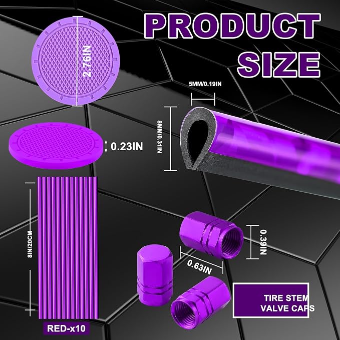 28 Pcs Car Accessories: 20 Pcs Air Conditioner Decoration Strip, 4 Non-Slip Silicone Cup Coasters, 4 Tire Valve Caps (Purple) for Most Cars, SUVs, Trucks