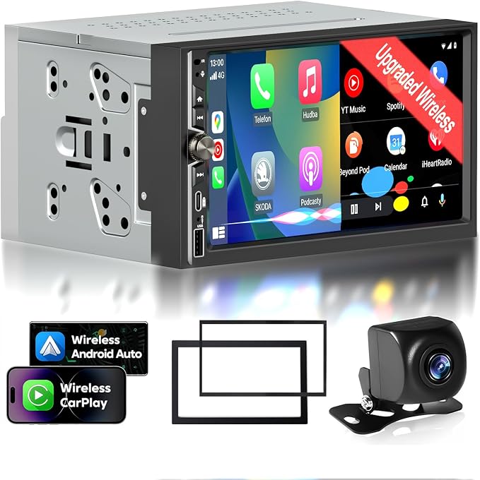 Double Din Car Stereo with Wireless Apple CarPlay Android Auto Audio Radio | 7" Screen, FM/AM Radio, 4.2 Channel 240W 16-Band EQ DSP, Subwoofer, Bluetooth, Backup Camera, Fast Charging, SWC, MirrorLink
