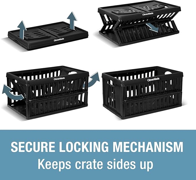 60L Collapsible Utility Crate (66 lb Capacity), Heavy Duty Folding Storage Crate, Stackable Plastic Organizer for Car Trunk, Garage & Groceries, 23 x 15 x 12 in, Obsidian