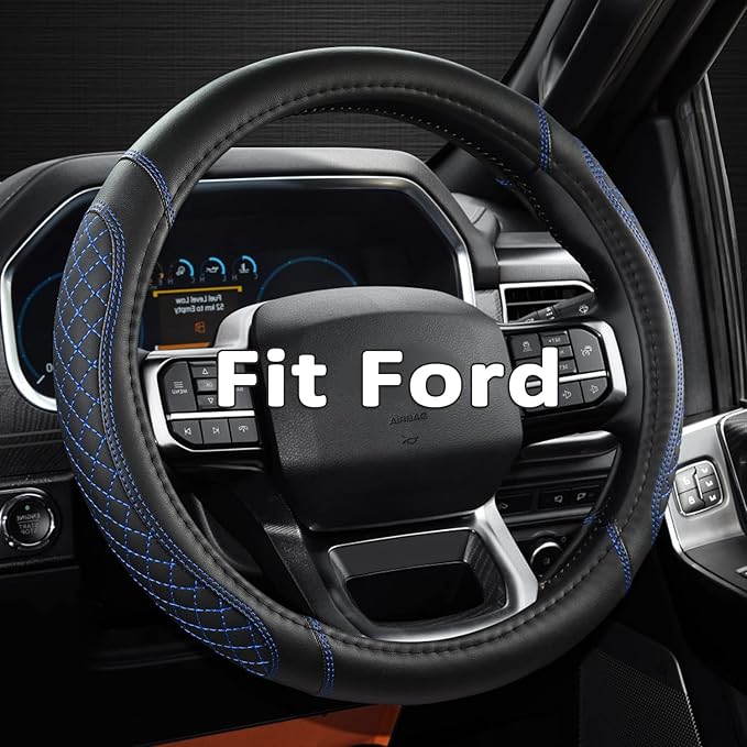 Car Steering Wheel Cover for Ford Escape,Explorer,Fusion,Focus,Bronco,Transit,Edge(Diamond Quilted - Black+Blue- Standard Size)