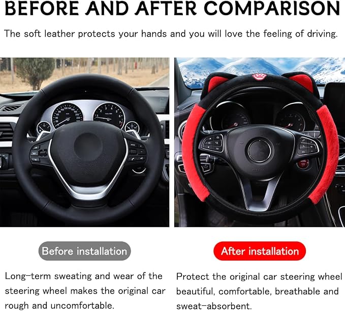 Car Steering Wheel Cover, Fluffy Soft Plush for Winter Warm, Cute Steering Wheel Protector with Kitty Cat Ears, Universal 15 Inch, Elastic & Anti-Slip, Lovely Decor Car Accessories (Black/Red)