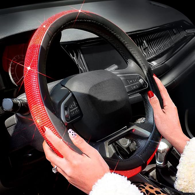 New Diamond Leather Steering Wheel Cover with Bling Bling Crystal Rhinestones, Universal Fit 15 Inch Car Wheel Protector for Women Girls Red Diamond