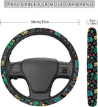 Puppy Paws Print Steering Wheel Protection Stretch-on Fabric Machine Washable Women Men Neoprene Automotive Steering Wheel Covers Sweat Absorption Comfort Grip for Driver Black Colorful