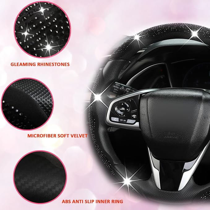 Diamond Bling Car Steering Wheel Cover with Crystal Rhinestones,3PCS Segmented Steering Wheel Protector,Universal for 99% Cars for Women(Black with Black Diamond)