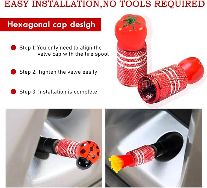 4Pack Tomato Tire Valve Stem Caps Cute 3D Resin Fruit Car Accessories Decor,Universal Tire Air Caps for Car,SUV,Bike,Motorcycle,Bicycle,Perfect Tomato Gifts for Women Men Tomatos Lover