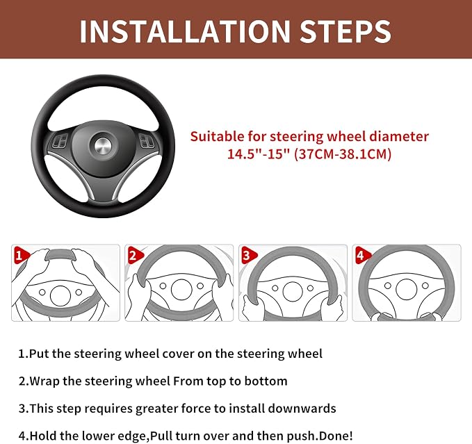 Car Steering Wheel Cover 15 inch, Microfiber PU Leather Elastic Steering Wheel Protector, Anti-Slip Breathable Car Interior Accessories for Most Cars (Coffee)