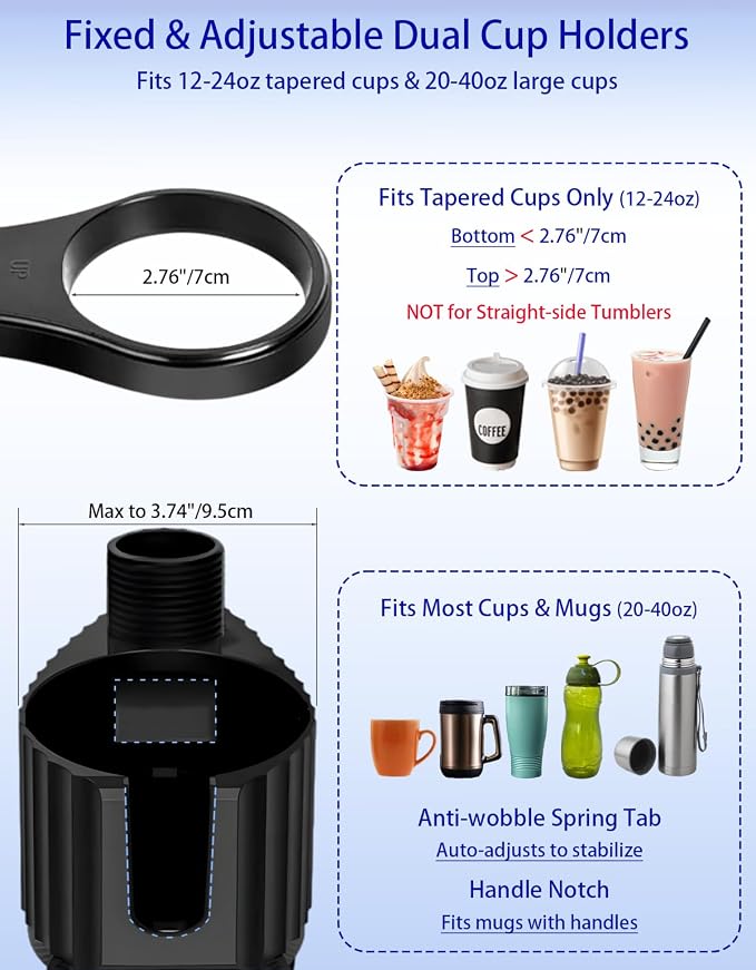 Car Cup Holder Tray - 5 in 1 Adjustable Car Cup Holder Expander with Food Tray Table and Phone Mount for All Purpose, Automotive Essentials for Driver and Front Passenger