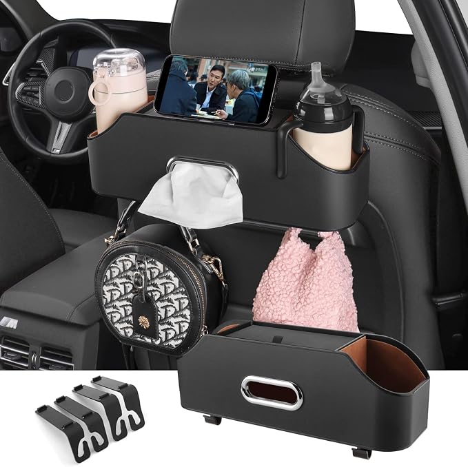 Car Back Seat Organizer with 2 Drink Cup Holder - Tissue Box and Storage Box Hook - Multi-functional Storage - Great for Kids and Travel (Black)