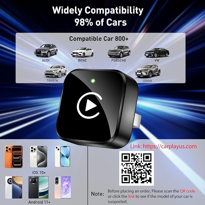 Wireless CarPlay Adapter 2026 Upgrade Mini Design, USB/USB-C Plug & Play Converts CarPlay to Wireless - Easy Use Fast Stable Connection Car Play for iPhone & Android