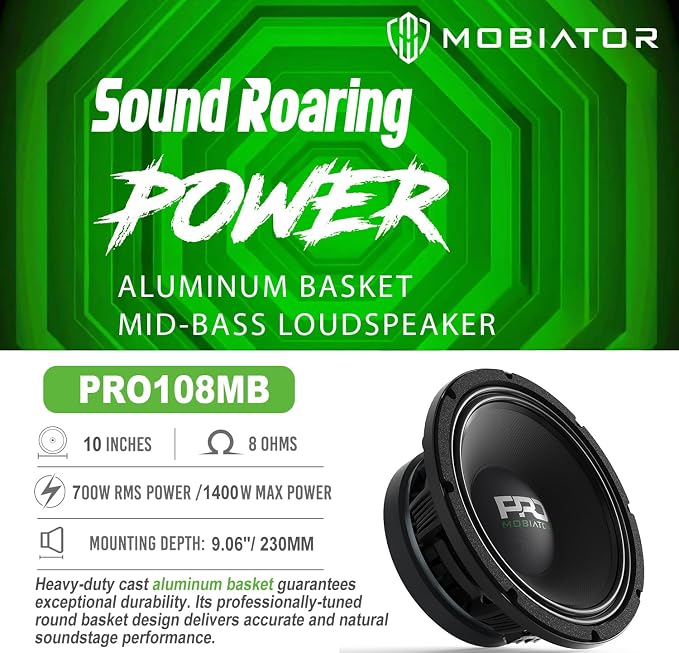 PRO108MB Loudspeaker - 10" Midbass Aluminum Basket, 1600W Max, 400W RMS, 8 Ohms - Premium Quality Audio Door Speakers for Car or Truck Stereo Sound System (MB-PRO108MB)