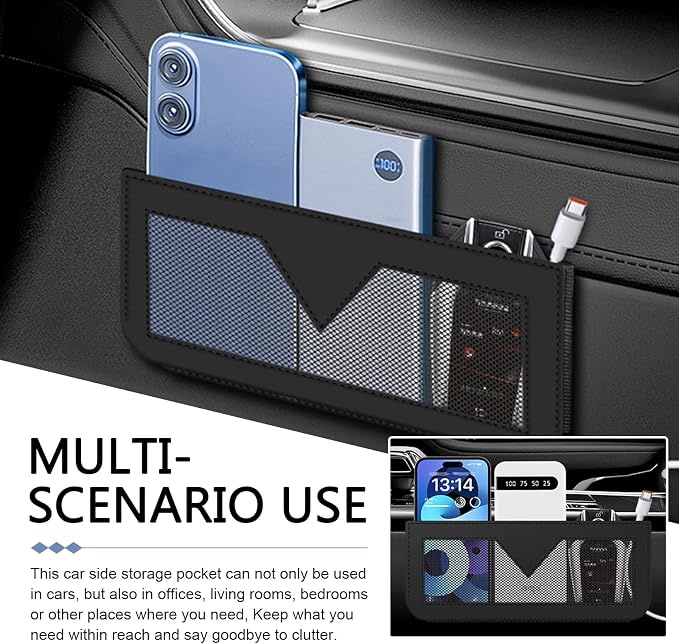 Car Storage Pocket，Leather Car Side Pocket Organizer, Multifunctional Seat Gap Pouch, for Can Hold keys, Wallets, Cards, Mobile Phones, Sunglasses, Banknotes (Black)
