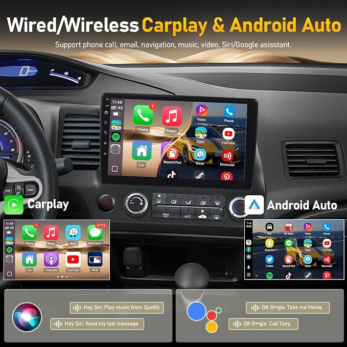 for Honda Civic 2006-2011 Radio with Premium Audio System - 10.1 Inch Touch Screen for Civic Stereo with Wireless Carplay/Android Auto/Mirrorlink/Bluetooth/GPS/SWC/FM + MIC + Backup Camera - 2+32GB
