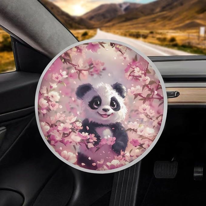 Steering Wheel Cover Sun Shade Pink Cherry Blossom Panda Car Steering Wheel Accessories for Women 17 inch Cooling Steering Wheel Cover Block Sun & Heat Universal Fit for Cars SUV Trucks