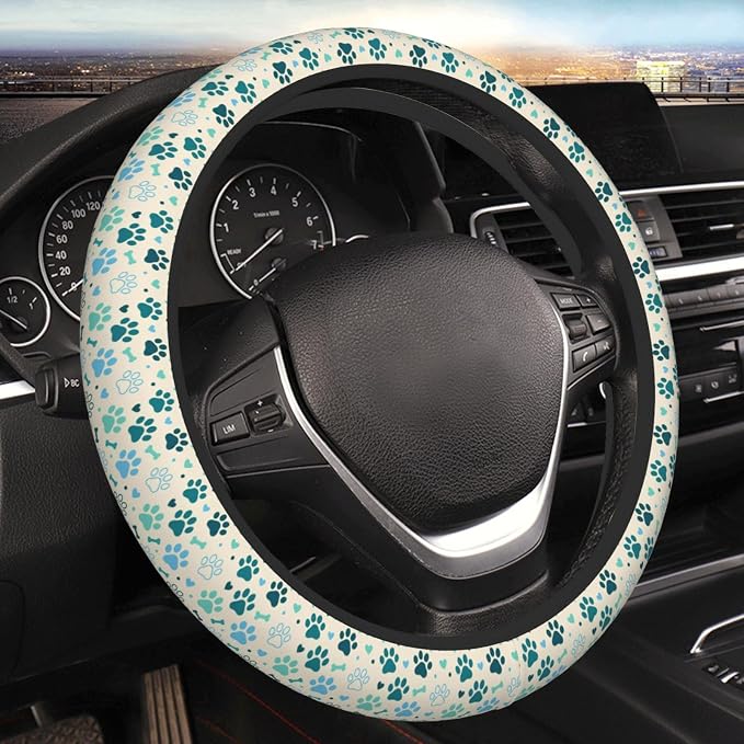 Teal Paw Print Steering Wheel Cover, 15 Inch Universal Fit Neoprene Steering Wheel Protector, Anti-Slip & Breathable Car Interior Accessory, Durable Auto Wrap for Women and Men, Fits Most Vehicles