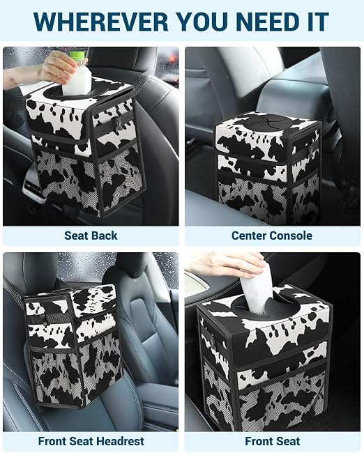 Car Trash Can with Lid, Leakproof Car Trash Bag Hanging Waterproof Automotive Garbage Can with Storage Pockets Mini Vehicle Trash Bin for Back/Front Seat(Cow Print,2.5 Gallon)
