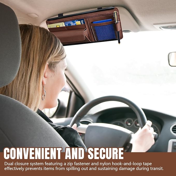 Car Visor Organizer, Leather Multi-Pocket Auto Sun Visor Storage Pouch with Sunglasses Holder, Card Holder, Zipper Pocket, Net Pocket, Pen Slot, Universal Interior Car Accessories (Brown)