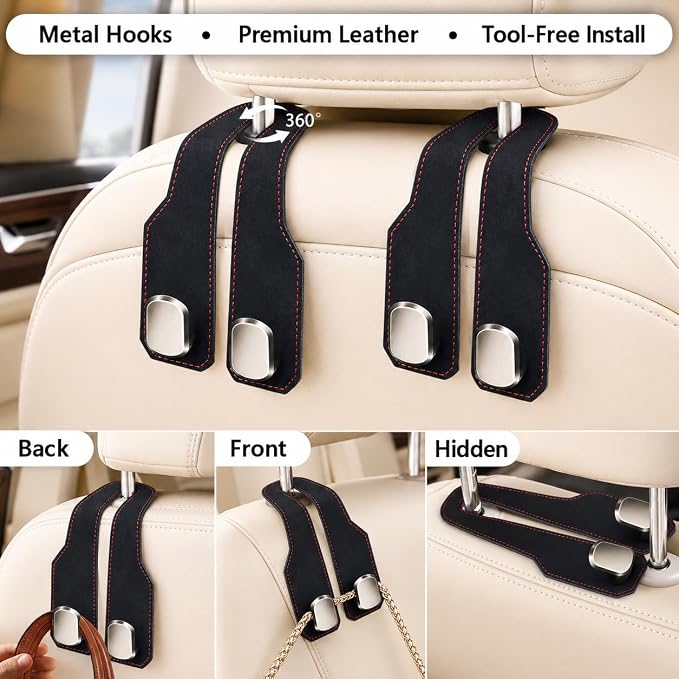 2Pcs Car Headrest Hooks with Premium Leather, Upgraded Double Metal Hooks with Anti-Drop Design, Universal Back Seat Hanger for Bags, Coats, Purses and Groceries (Stylish Black)