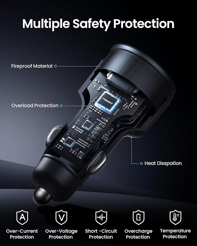 60W USB C Car Charger - Car Phone Charger Adapter PD30W & QC3.0 Fast Charging, Car USB Charger Multi Port, Cigarette Lighter USB Charger, Car Charger with LED for iPhone 17/16/15/14/13/12 Series