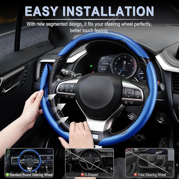 3pcs Carbon Fiber Anti-Skid Steering Wheel Cover, Waterproof & Segmented Butterfly Design, Universal 99% Vehicle Wheel Cover Protector, Car Interior Accessories, Blue