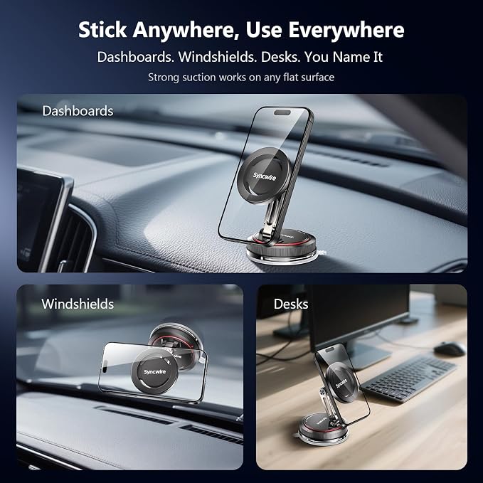 for MagSafe Car Mount [2-Axis Design] Nano Adhesive Gel + Suction Cup Magnetic Phone Holder for Dashboard & Windshield, 360° Adjustable for iPhone 17 16 15 14 13 12 11, Samsung, Matte Black