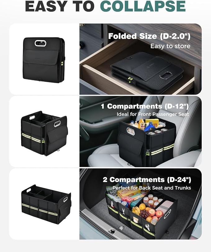 Update Trunk Organizer for Suv, Premium Waterproof Car Organizers and Storage, Collapsible Multi-Compartment Truck Organizer Back Seat Storage for Car