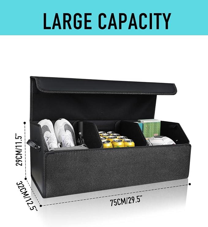Car Trunk Organizer for SUV and Sedan, Black, 29.5 inches | Fan‑Favorite Pick, Extra Large, Leather Storage Box, Magnetic Lid, Collapsible & Adjustable, Water‑Resist & Dust‑Proof