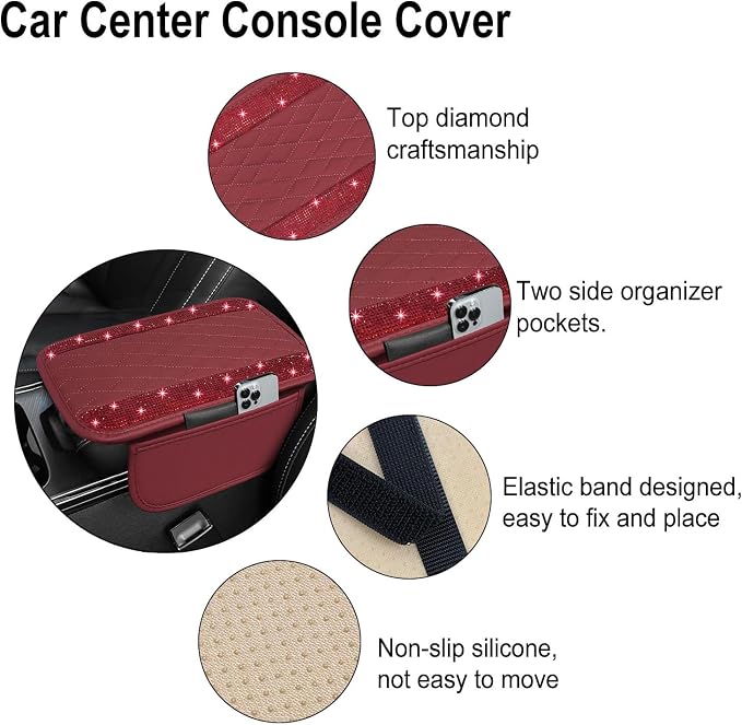Bling Burgundy Red Car Center Console Cover, Leather Car Arm Rest Cover with 2 Storage Bags, Universal Auto Armrest Protector Storage Box, Bling Accessories Interior for Most Vehicles
