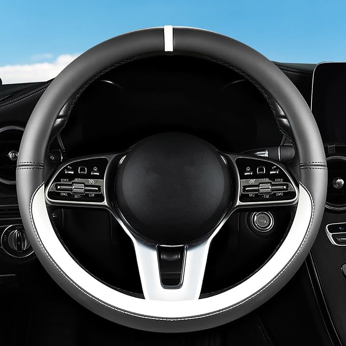 Car Leather Steering Wheel Cover - Panapi Material, Universal 14.5-15 Inch Leather Anti-Slip Breathable Auto Steering Wheel Covers for Men Women (Nappa Leather - Black & White)