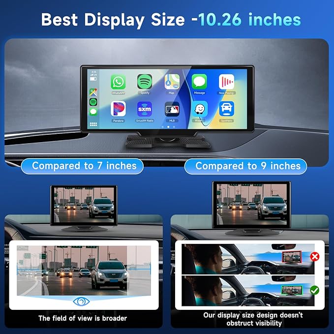 10.26" Touchscreen Wireless Carplay Portable Car Stereo Android Auto, Car Play Navigation, Voice Control, Bluetooth/AUX/FM, Car Radio Receiver